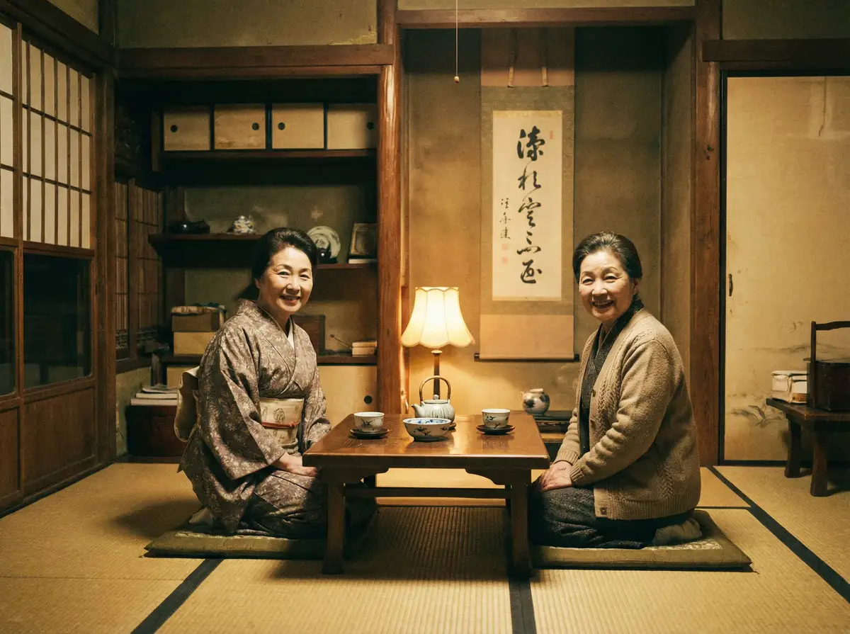 两位优雅的 xl上司樱花动漫 在日式茶室中品茶交谈